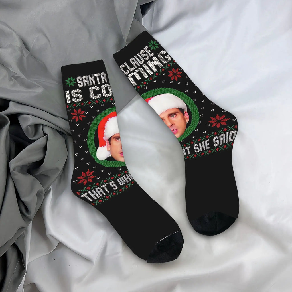 Michael Scott  Santa Clause Is Coming That’s What She Said Socks The Office Custom Stockings Non Skid Unisex Men Socks